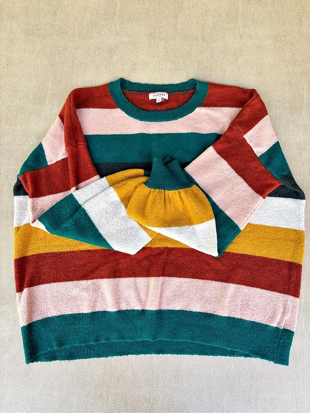 Andrée by Unitée Striped Crew Neck Sweater in Green & Pink Size 1X